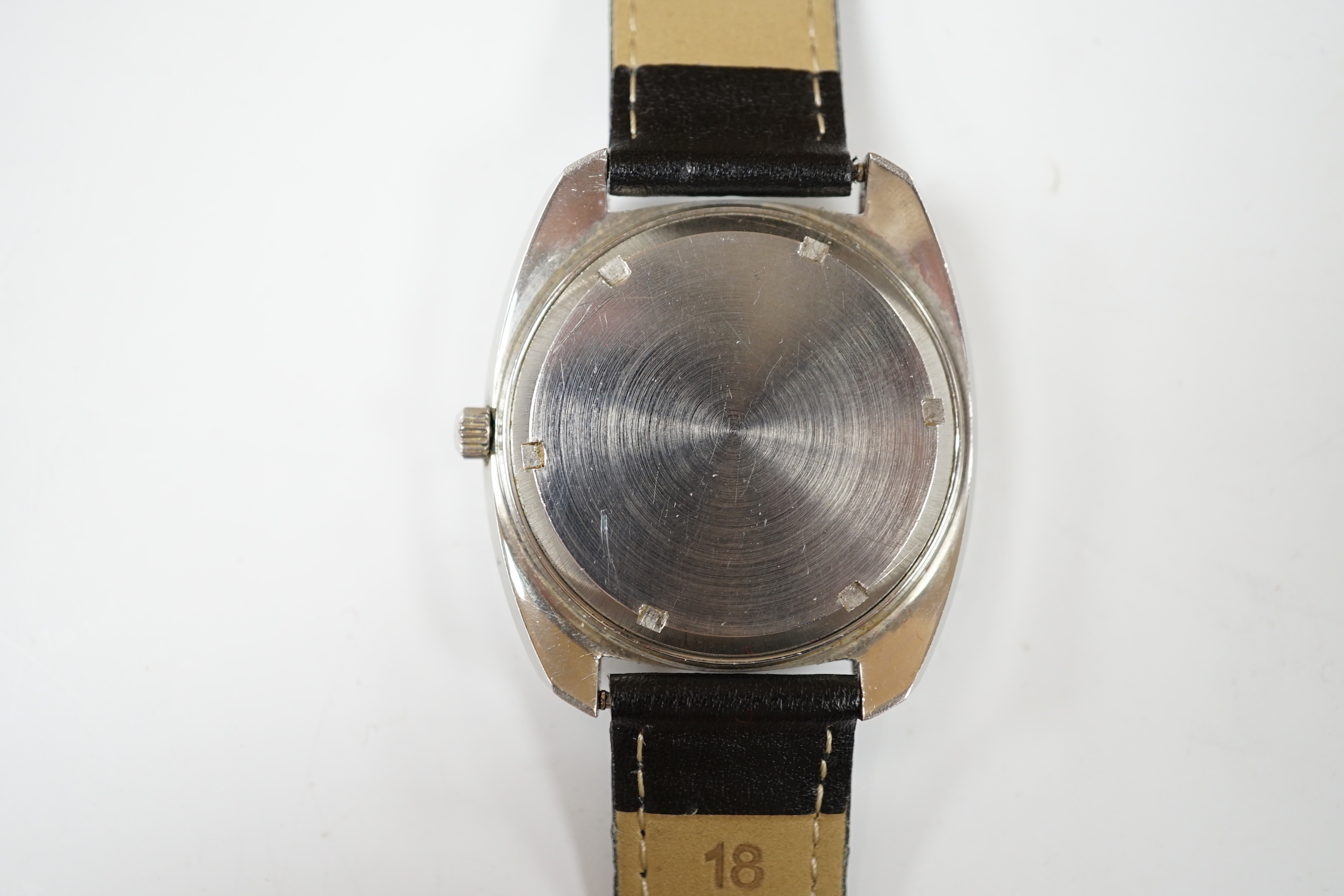 A gentleman's 1970's stainless steel Omega Electronic Chronometer wrist watch, on an associated leather strap, with box.
